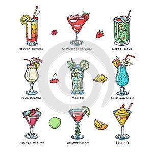 Cocktail vector alcohol beverage drinking alcoholic tequila martini drink cocktail in glass with pina colada mojito and