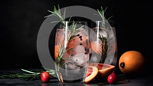 Cocktail of vodka and sprite with ripe fruits and rosemary Illustration AI Generative