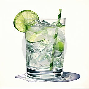 Realistic Watercolor Illustration Of A Gin And Tonic Cocktail photo