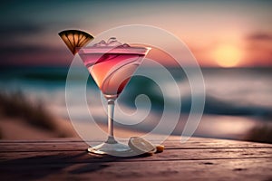 Cocktail on a wood table during sunset in a beach made with Generative AI.