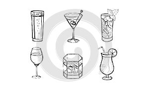 Cocktails and alcohol drinks set hand drawn vector Illustration on a white background