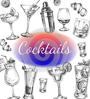 Cocktails and Alcohol Drinks Vector Hand Drawn Illustration Poster