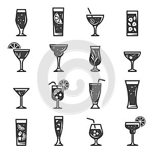Cocktails assortment bold black silhouette icons set isolated on white. Summer beverages in glass cup.
