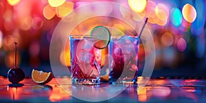 Cocktails on a bar counter with bokeh lights and blur background. Copy space. Tropical beverage. Holidays, celebration, nightclub