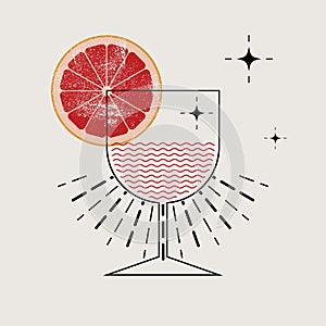 Cocktails Bar graphic linear geometric pattern stylized poster, emblem, badge design. Cocktail glass and citrus slice. Vector illu