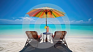 Cocktails on the beach with palm leaf and sea background on a terrace with two chairs and great view