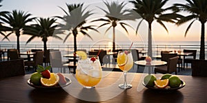 Cocktails on the beach with palm trees and sea in the background. Teasty cocktail. Beautyful background. Generative AI technology photo