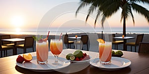 Cocktails on the beach at sunset. Teasty cocktail. Beautyful background. Generative AI technology photo