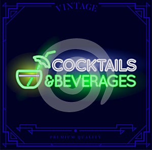 Cocktails and Beverages Neon light sign. Vector illustration