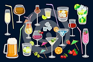 Cocktails on black background. Vector illustration for web and print, party invitation or menu decoration, strawberry and