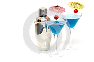 Cocktails with blue curacao & shaker