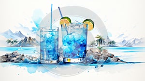 Cocktails Blue Lagoon illustration. 2 Glasses of blue lagoon cocktail on background with palms. Horizontal format. illustration Ai