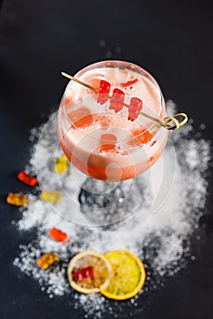 Cocktails are bright fruit alcoholic beverages for the pubs bar menu of nightclubs photo