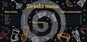 Cocktails, coffee and hot drinks menu design template with list of drinks and images