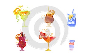 Cocktails Collection, Alcoholic Drinks Watercolor Hand Drawn Vector Illustration