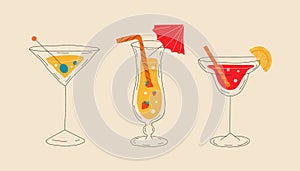 Cocktails collection, alcoholic and non-alcoholic summer drinks with ice cubes of lemon, lime, and strawberries.