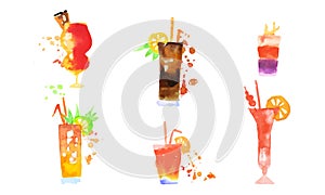 Cocktails Collection, Colorful Alcoholic Drinks Watercolor Hand Drawn Vector Illustration
