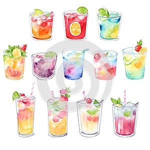 Cocktails collection. Watercolor hand drawn illustration on white background