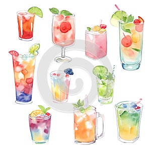 Cocktails collection. Watercolor hand drawn illustration on white background