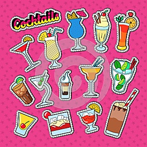 Cocktails Doodle with Different Beverages. Stickers, Badges and Patches with Drinks