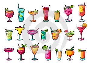 Cocktails and drinks colour cartoon icons. Variety alcohol and nonalcohol cocktail isolated beverages designs with