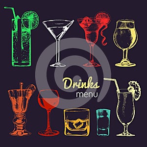 Cocktails, drinks and glasses for bar, restaurant, cafe menu. Hand drawn alcoholic beverages vector illustrations set.