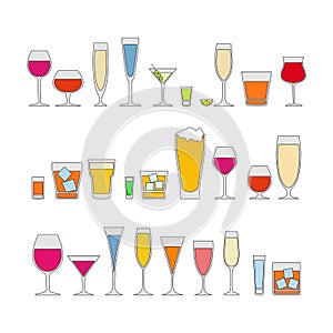 Cocktails, drinks glasses vector icons set of alcohol drinks. isolated on white background vector illustration. Holiday