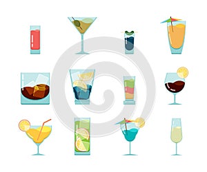 Cocktails flat icon. Alcoholic summer party drinks in glasses cuba libre cosmopolitan vodka mojito vector icon