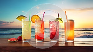 Cocktails with fruit wedges stacked on a beach, refreshing drinks