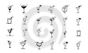 Cocktails with fruits and berries. Vector outline alcohol glasses icon set in doodle style