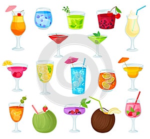 Cocktails in Glass with Straw as Cool Refreshing Summer Drinks Big Vector Set