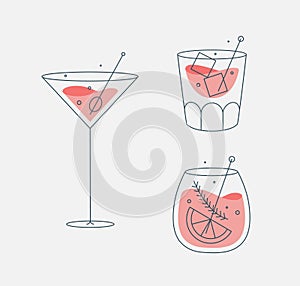 Cocktails glasses cosmopolitan whiskey flat line