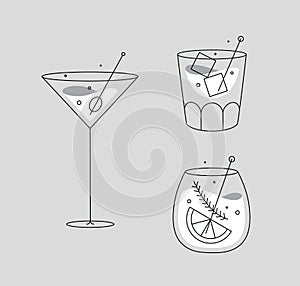 Cocktails glasses cosmopolitan whiskey flat line grey