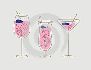 Cocktails glasses spritz pina colada cosmopolitan flat line beige