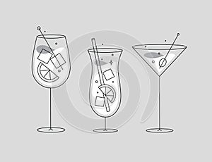 Cocktails glasses spritz pina colada cosmopolitan flat line grey