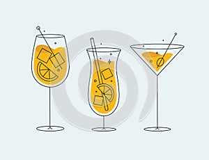 Cocktails glasses spritz pina colada cosmopolitan flat line light