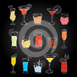 Cocktails hand drawn set in sketch style. Alcoholic drinks in different glass isolated on chalk background.Beverage