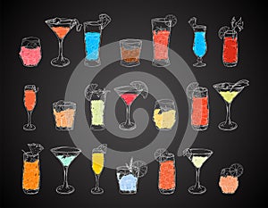 Cocktails hand drawn set in sketch style. Alcoholic drinks in different glass isolated on chalk background.Beverage