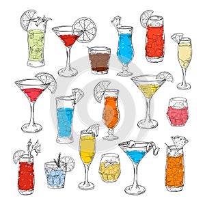 Cocktails hand drawn set in sketch style. Alcoholic drinks in different glass isolated on white background.Beverage