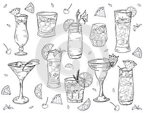 Cocktails hand drawn set in sketch style. Alcoholic drinks in different glass isolated on white background.Beverage