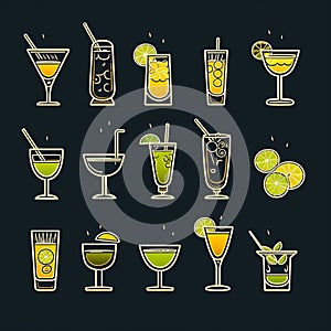 Cocktails icon set. Hand drawn line art vector illustration