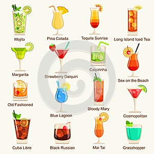 Cocktails icon set. Vector Illustration