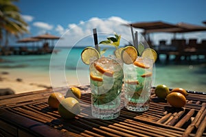 Cocktails and lemons on the background of the beach. AI generative
