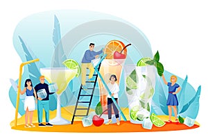 Cocktails making. Vector illustration. Happy men and women prepare mojito, margarita and tequila sunrise alcohol drinks