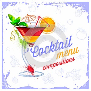 Cocktails menu drawn watercolor.