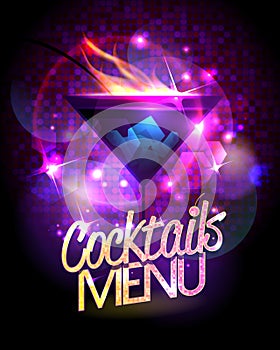 Cocktails menu vector design with burning cocktail.