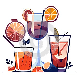 Cocktails with orange, lemon and ice in glasses. Vector illustration AI generated