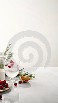 Cocktails party minimalistic style, white background and white marble bench top.