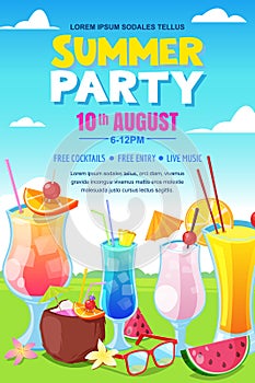 Cocktails party or summer picnic poster, banner layout. Beach bar background. Vector illustration