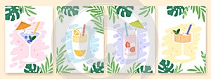 Cocktails posters, abstract cocktail and tropical leaves. Summer beach bar graphics, drink party invitation template